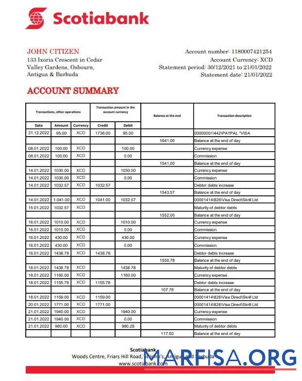 Blank Antigua and Barbuda Scotiabank bank statement excel download for verification